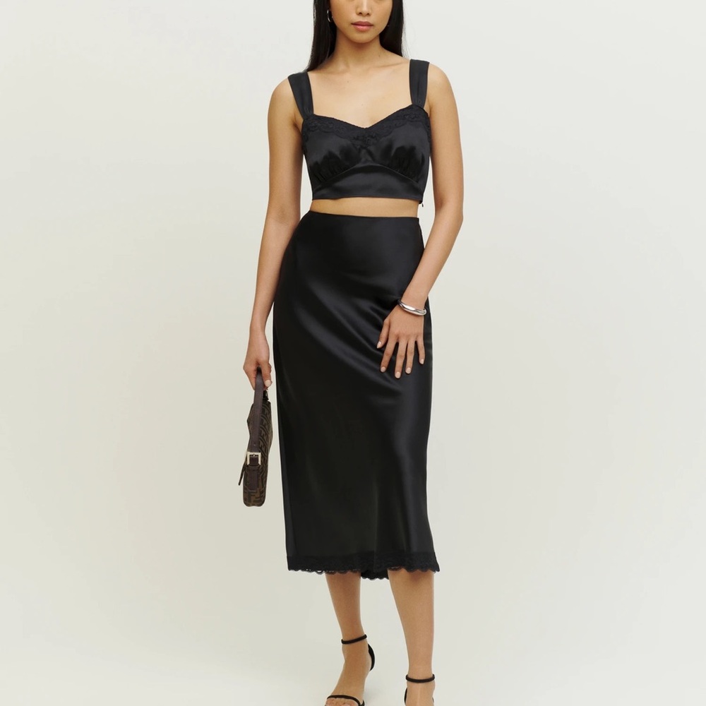 NEW Reformation Beatrice Silk Two Piece Cropped Tank Midi Skirt Set